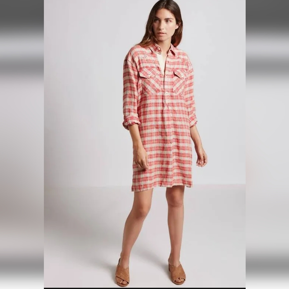 Current Elliott Levee Western Linen Blend Plaid Mini Shirt Dress Size 0